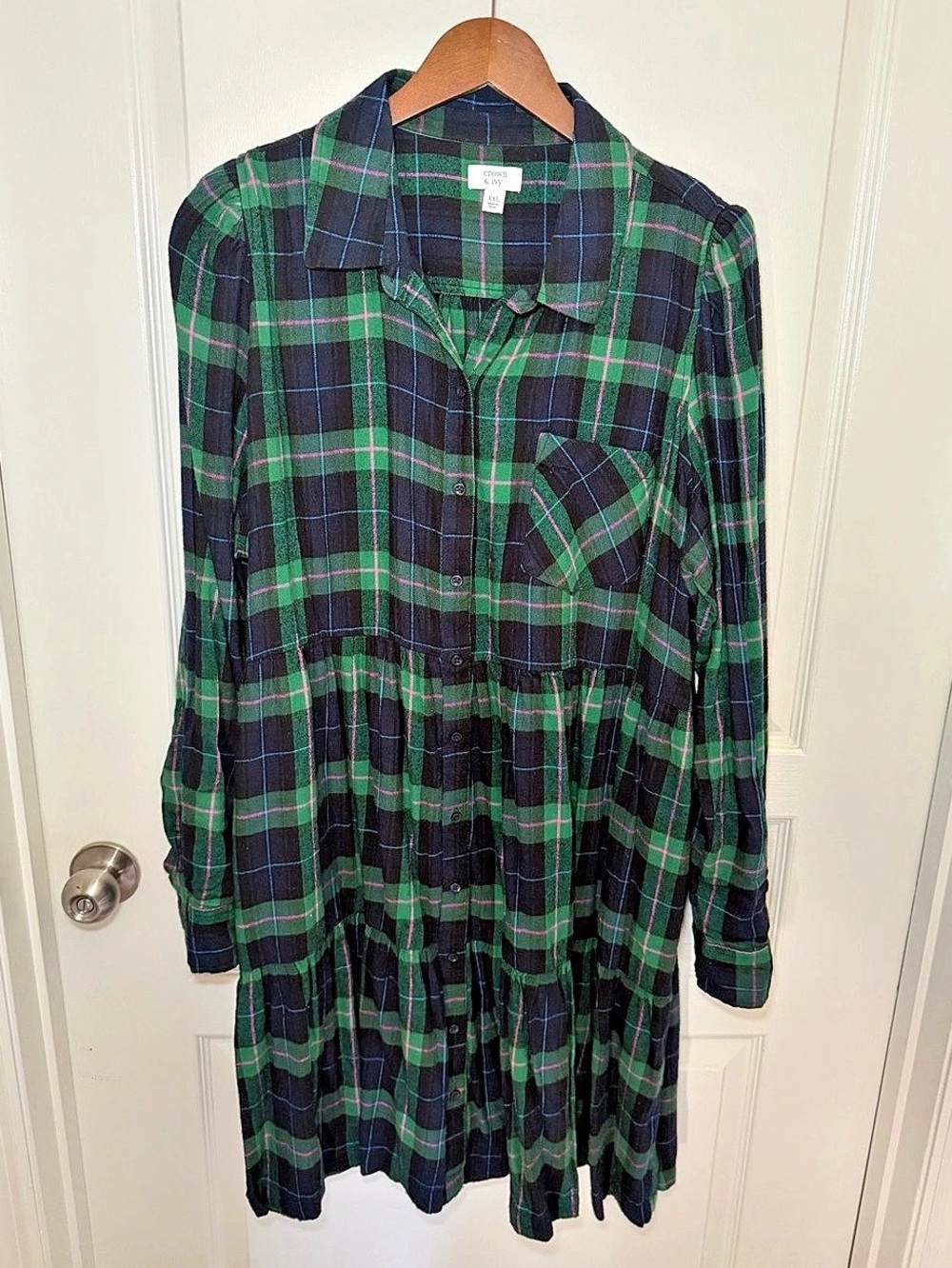 Crown & Ivy Plaid Shirt Dress in Green, Navy & Pink XXL - Like New